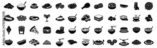 Vector icon set of popular foods and dishes in black silhouette style — including burgers, pizza, noodles, sushi, rice bowls, desserts, soups, and snacks. Perfect for restaurant design, menus, packagi