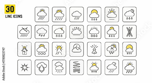 30 Weather Line Icons Set — Rain Sun Cloud Snow Thunderstorm Wind Fog Haze Tornado Hurricane Degrees Celsius Fahrenheit UI UX App Web Dashboard Vector
