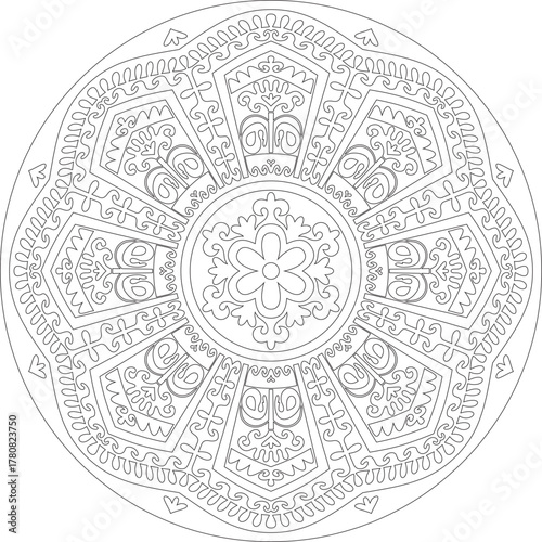 Vector Uzbek black outline round ornament. Turkic circle, ring. Cultural heritage of Central Asia