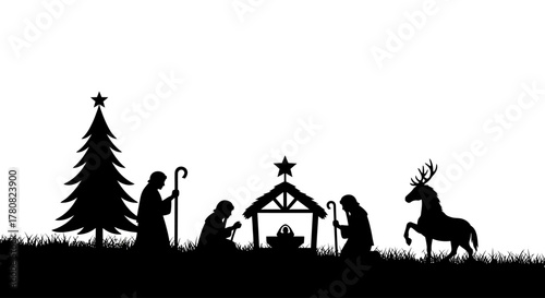 Minimal Christmas Nativity Symbols Silhouette Icon Set – Holy Biblical Scene Vector Graphics for Sacred Holiday Design and Religious Decoration