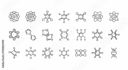 Molecular Structure Icons Set — Chemistry Atom Bond DNA Helix Science Lab Research Education Diagram Symbol Vector Outline