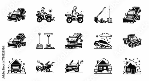 Farm Machinery Icons Set — Tractor Harvester Seeder Plow Barn Snowplow Shovel Barnyard Equipment Agriculture