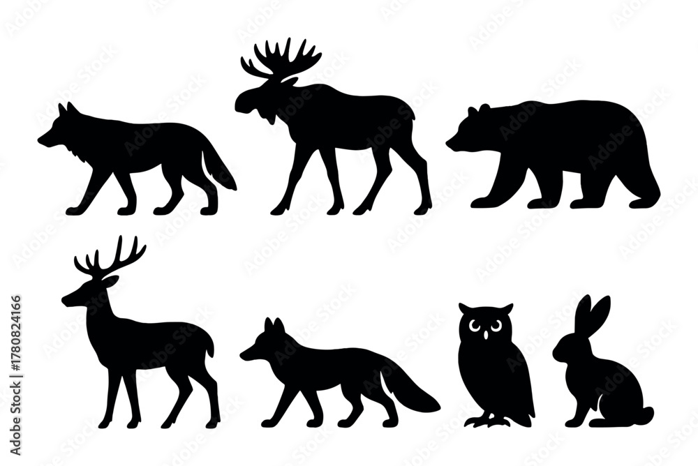 Naklejka premium Silhouette set of forest animals: wolf, moose, bear, deer, fox, owl, rabbit