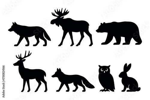 Silhouette set of forest animals: wolf, moose, bear, deer, fox, owl, rabbit