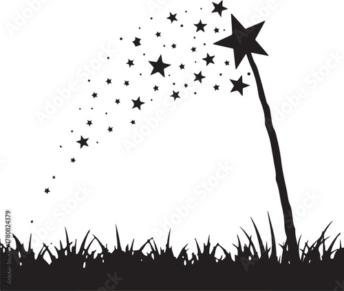 Black magic wand with stars over grass silhouette black and white