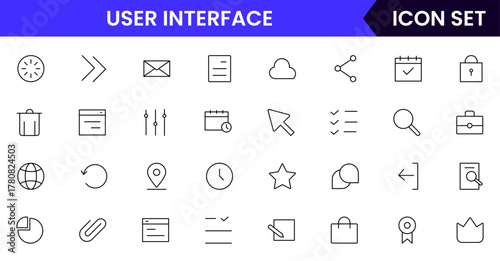 User Interface UI, UX web icons in line style. User, profile, message, mobile app, document file, social media, button, home, chat, arrow, collection. Vector illustration.