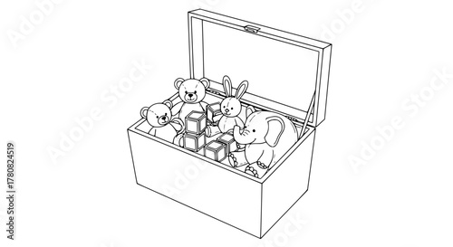 Vector line art of a toy storage chest with open lid showing plush toys and blocks, monochrome outline