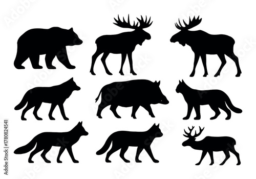 Silhouettes of north american wildlife: bear, moose, wolf, boar, deer