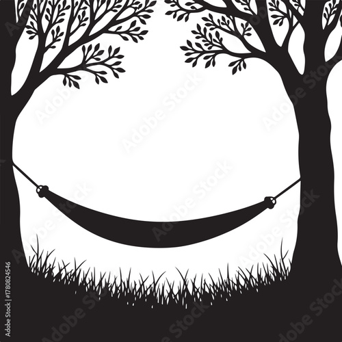 Black silhouette hammock between two trees with grass