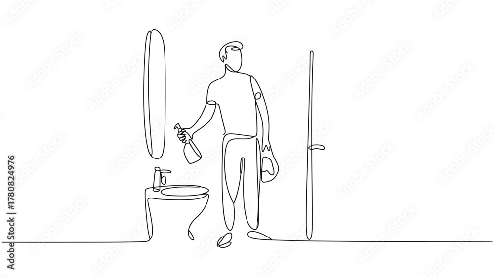 Obraz premium Continuous Line Drawing Bathroom Cleaning Icon — Minimalist Man Disinfects Toilet, Hygiene Concept