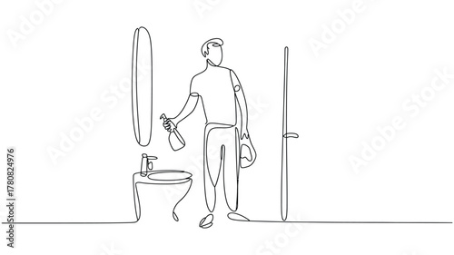 Continuous Line Drawing Bathroom Cleaning Icon — Minimalist Man Disinfects Toilet, Hygiene Concept