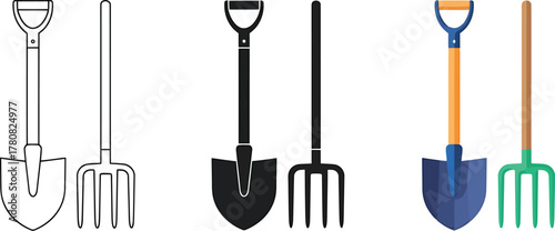 Gardening tools shovel and pitchfork in various styles