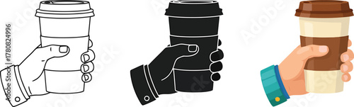 Hand holding coffee cup vector illustration set various styles