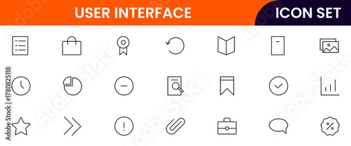 User Interface UI, UX web icons in line style. User, profile, message, mobile app, document file, social media, button, home, chat, arrow, collection. Vector illustration.