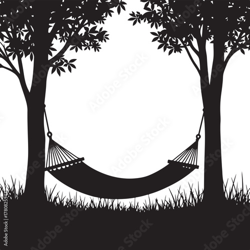 Black silhouette hammock hanging between two trees on white background