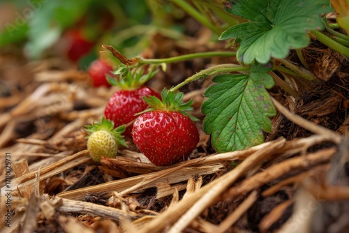 Straw Mulch Grass. Strawberry Plantation Grows Healthy in Green Landscape