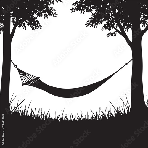 Black silhouette hammock strung between two trees over grass