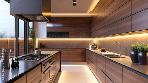Contemporary kitchen interior with a polished metal hood above stove, surrounded by modern furniture and warm lighting