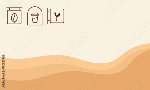 Coffee shop banner vector, minimal brown line icons of bean, takeaway cup and sprout on warm latte waves background, modern cafe header for menu and branding..