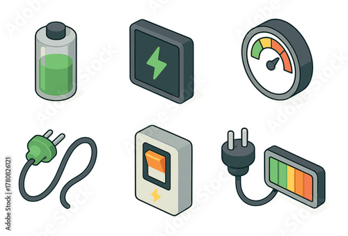 Isometric icons of battery, plug, and energy gauge illustrating power and charging