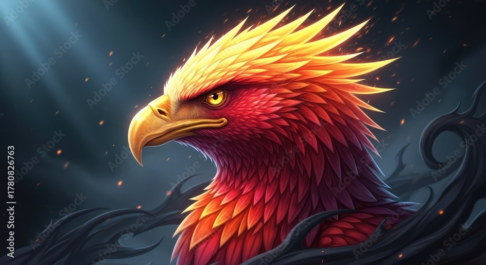 Fototapeta premium Fiery Phoenix Illustration: A Majestic Bird of Legend in Vibrant Colors