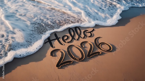 Fototapeta Naklejka Na Ścianę i Meble -  Hello 2026 written in sand with a wave washing ashore