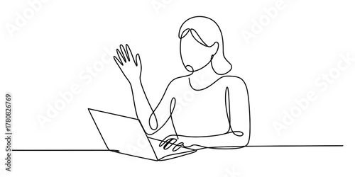 Elegant one-line drawing of a person waving while using a laptop, illustrating remote work, virtual greetings, and seamless digital interaction.