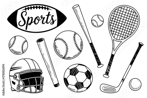 Sports equipment sketch illustration including baseball football tennis and golf vector line art for print and web