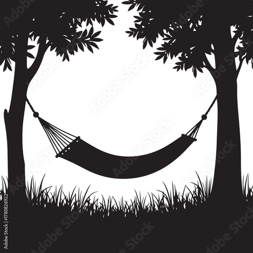 Black silhouette of a hammock between two trees black and white