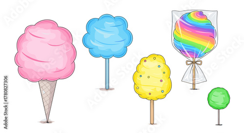 A colorful collection of cartoon cotton candy illustrations, including pink, blue, yellow, green, and rainbow varieties.