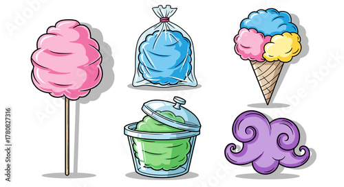A collection of colorful cartoon cotton candy illustrations in various forms, including on a stick, in a bag, and in a cone.