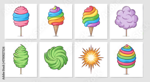 A vibrant collection of eight cartoon cotton candy illustrations in various shapes and rainbow colors, isolated on a white background.