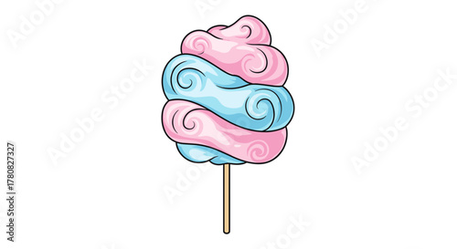A cartoon illustration of pink and blue swirled cotton candy on a wooden stick, isolated on a white background.