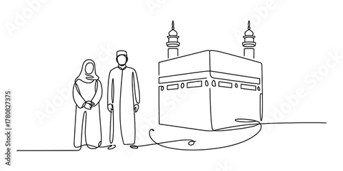 Schilderij op canvas Continuous line drawing of muslim couple performing hajj or umrah pilgrimage with the kaaba and mosque minarets, symbolizing islamic faith and devotion