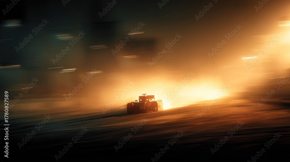 Naklejka premium Formula 1 car racing through fire and smoke under stadium lights. Concept of intense motorsport scene, dynamic speed, and extreme track environment.