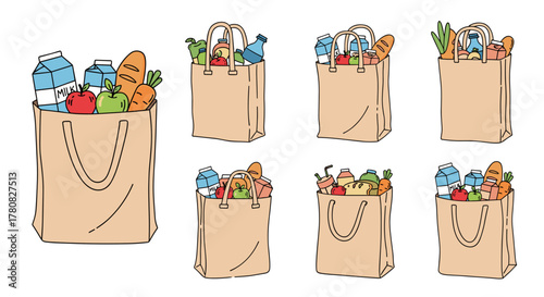 A collection of seven hand-drawn brown paper grocery bags filled with various fresh food items.