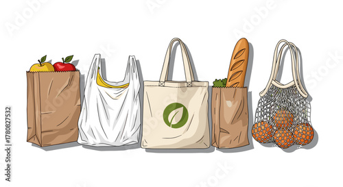 An illustration of various grocery bags, including paper, plastic, a reusable canvas tote, and a string net bag filled with food.