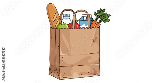 An illustration of a full paper grocery bag containing fresh food like bread, milk, fruit, and vegetables.