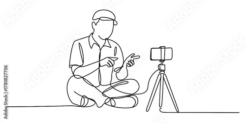 Minimalist line drawing of a person vlogging with a smartphone on a tripod, illustrating online content creation, live streaming, and remote communication.