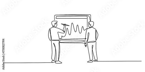 Continuous line drawing of two business people analyzing data on a whiteboard, discussing charts and financial trends in a collaborative meeting. minimalist style illustration.