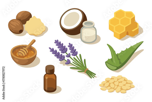 Natural skincare ingredients: shea butter, coconut, honey, lavender, aloe vera