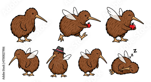 A collection of cute cartoon kiwi bird characters with wings in various poses and activities on a white background.
