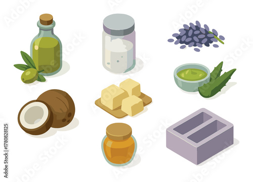Natural ingredients collection: olive oil, coconut, aloe, butter, honey, salt, lavender