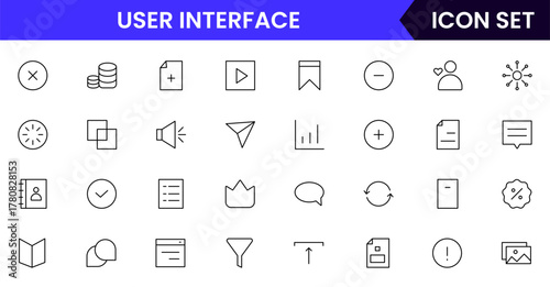 User Interface UI, UX web icons in line style. User, profile, message, mobile app, document file, social media, button, home, chat, arrow, collection. Vector illustration.