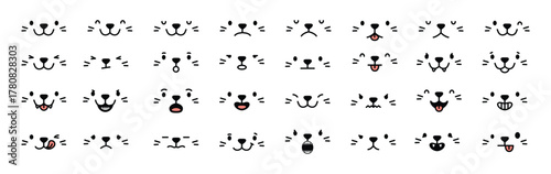 Cat face. Doodle kitty emotions. Outline hand drawn feline faces with various expressions. Muzzle with nose, eyes, mouth, teeth, tongue. Kawaii kitten faces. Vector set