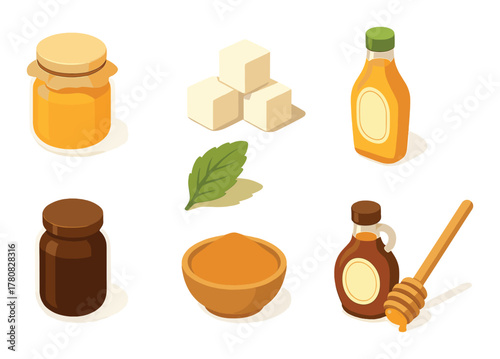Collection of sweeteners and natural ingredients in various containers