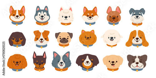 Cute dog faces. Dogs breeds heads. Cartoon different funny puppy emotions. Dog avatars and portraits. Profiles pet muzzles icons. Vector set