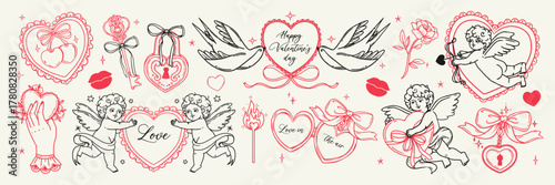 Vintage love elements. Retro Valentines day elements. Sketch elegant coquette heart, angel, cupid, flower, bird, cherry. Doodle wedding vector set