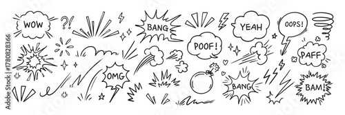 Doodle explosion. Comic explosive effect. Hand drawn circle burst, dynamic shape, energy cloud, boom bomb explosion, bang power. Comic book sticker with text. Vector set