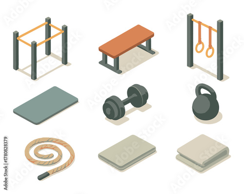 Isometric gym equipment collection with weights and exercise tools